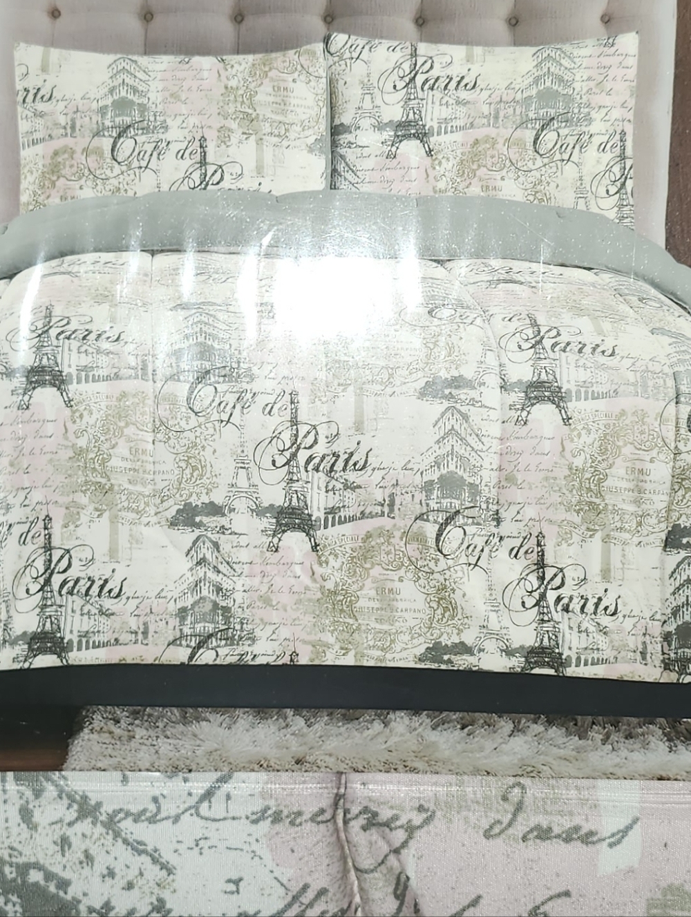 Paris Script Reversible Comforter Set in Light Pink and Green - New In Bag